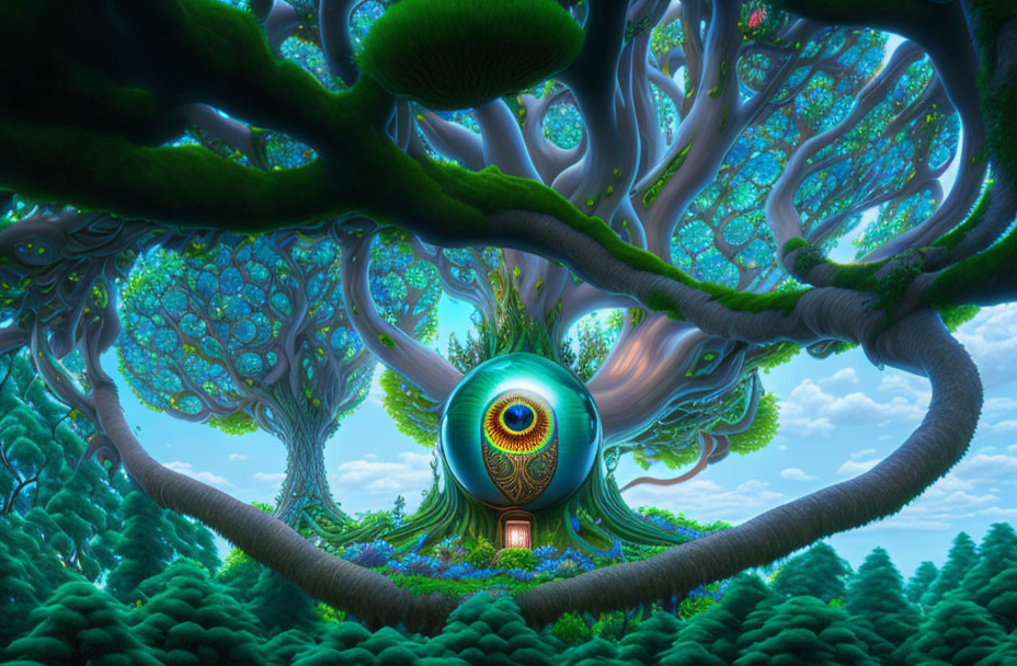 Fantasy landscape with giant peacock eye structure and mystical doorway in alien forest