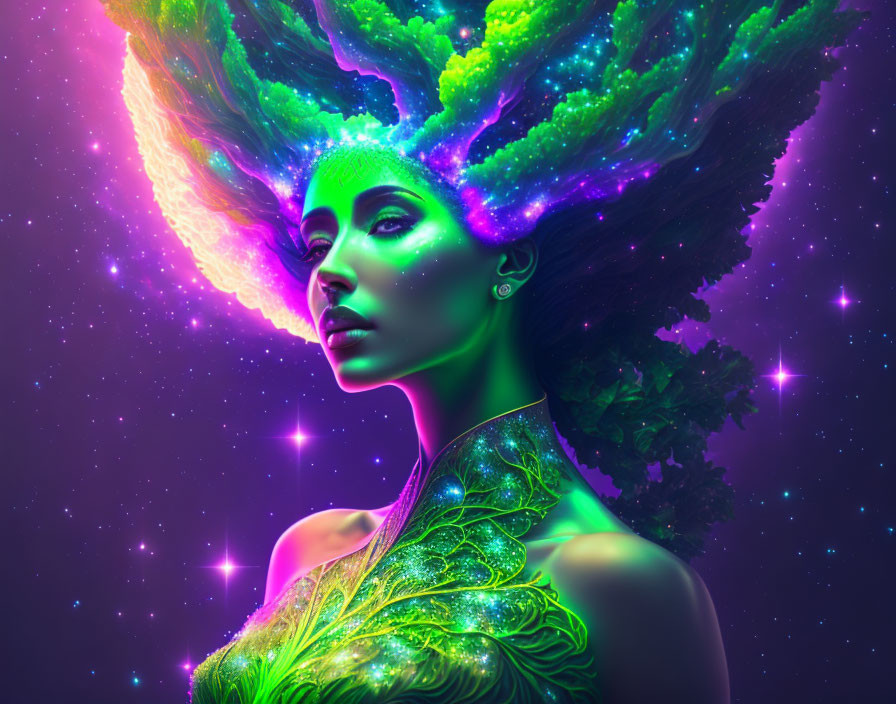 Colorful cosmic-themed woman with stars and nebulae hairstyle in space scene