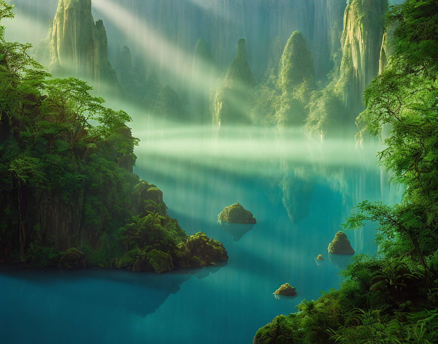 Tranquil turquoise lake with lush greenery and towering waterfalls