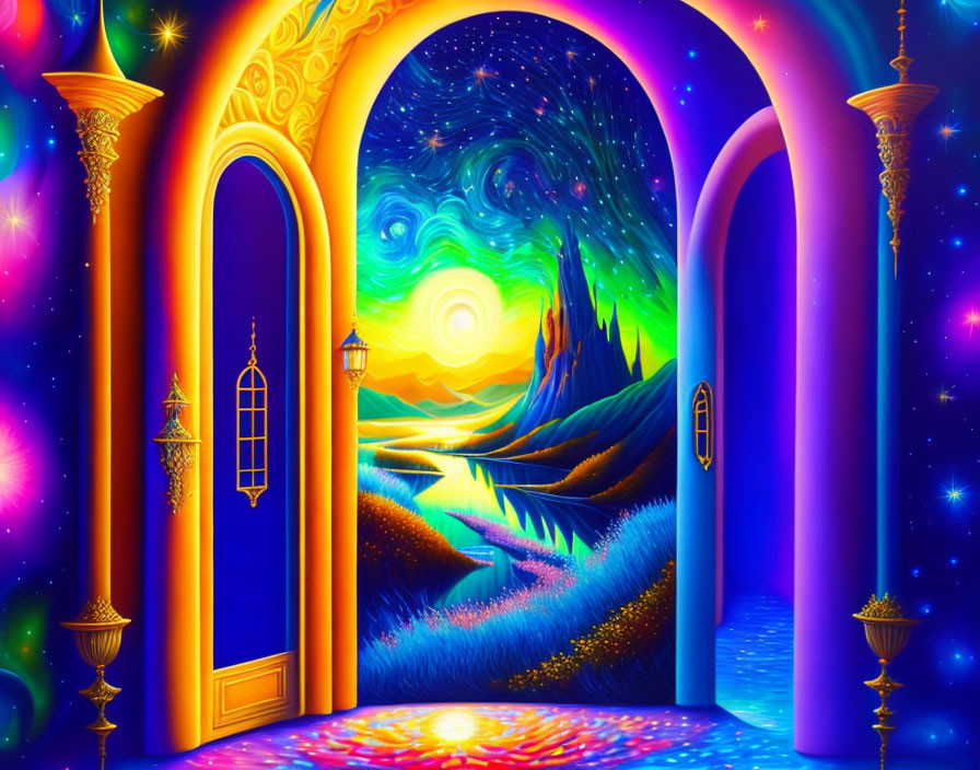 Colorful digital art: Open doorway to starry landscape