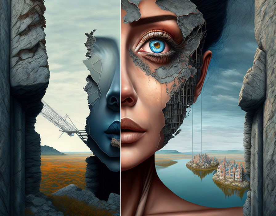 Surreal illustration: Woman's face merges with landscape, cliff, bridge, floating city within contours