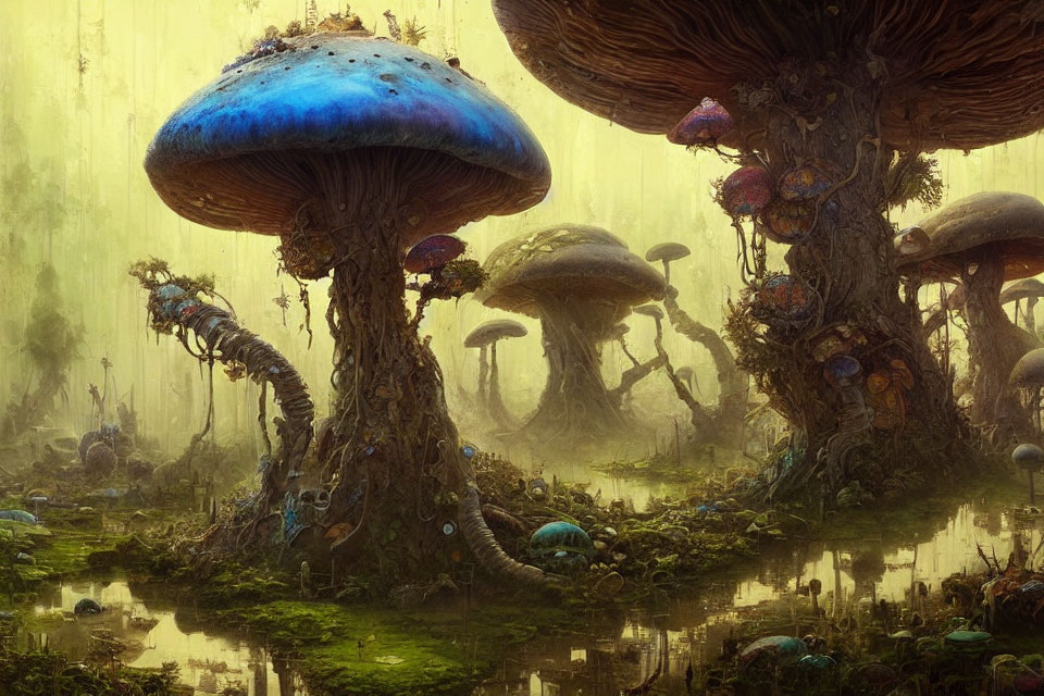 Enchanting Forest Scene with Oversized Colorful Mushrooms