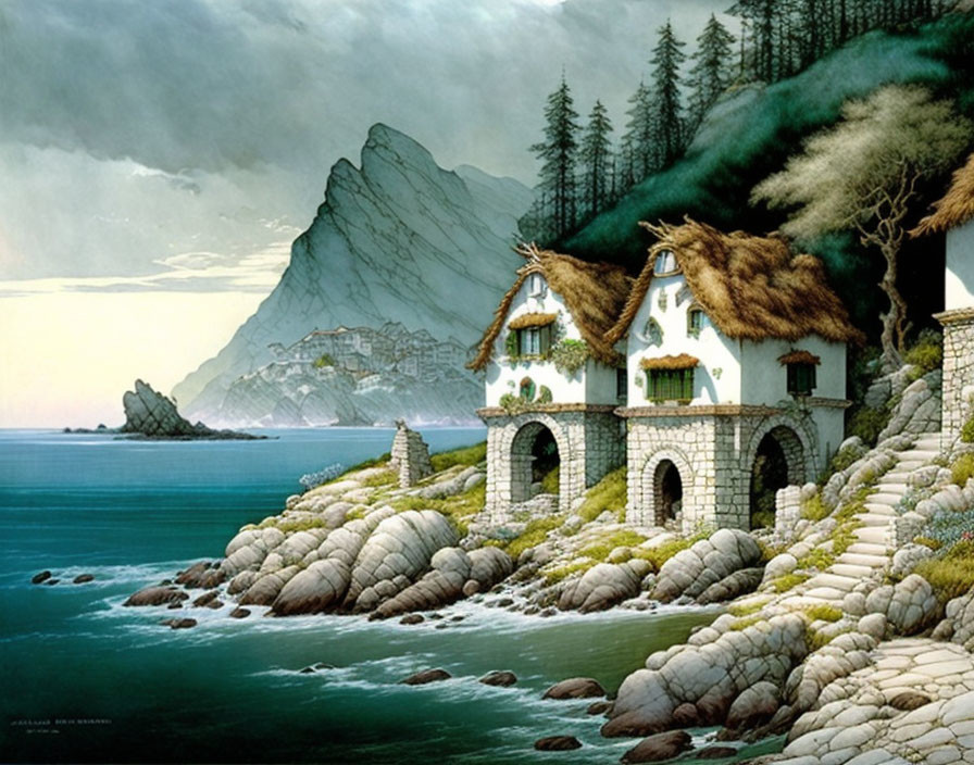 Seaside landscape with thatched-roof cottage, rocky shores, blue waters, green hills