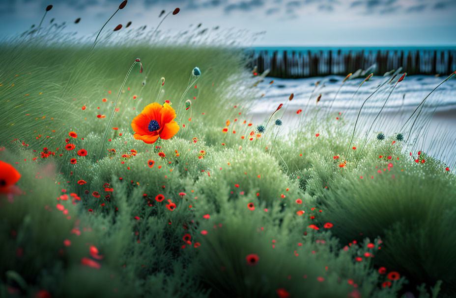 Lush Field with Red Poppies and Coastal Backdrop