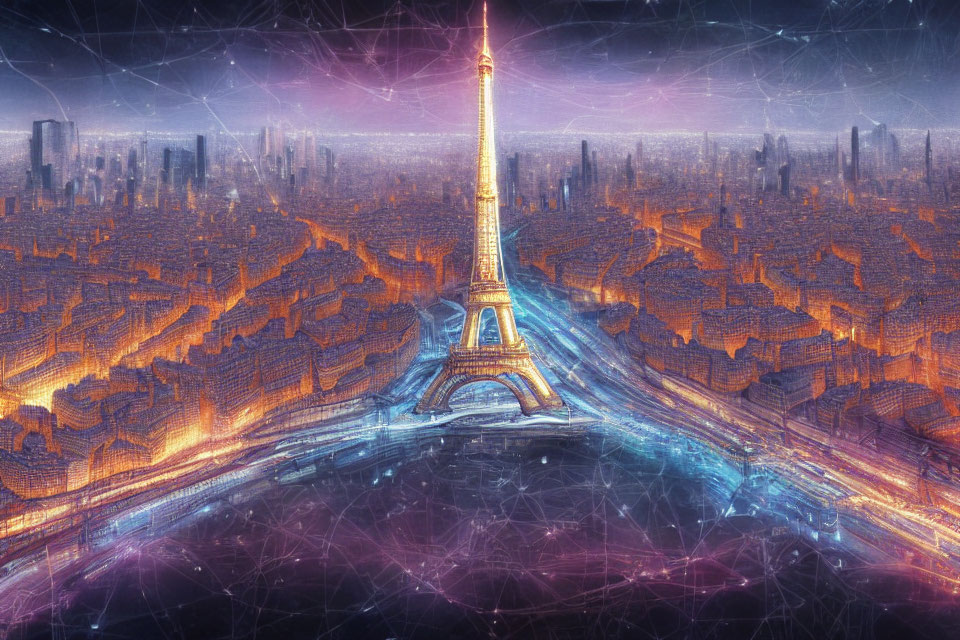 Futuristic cityscape with towering spire and glowing pathways