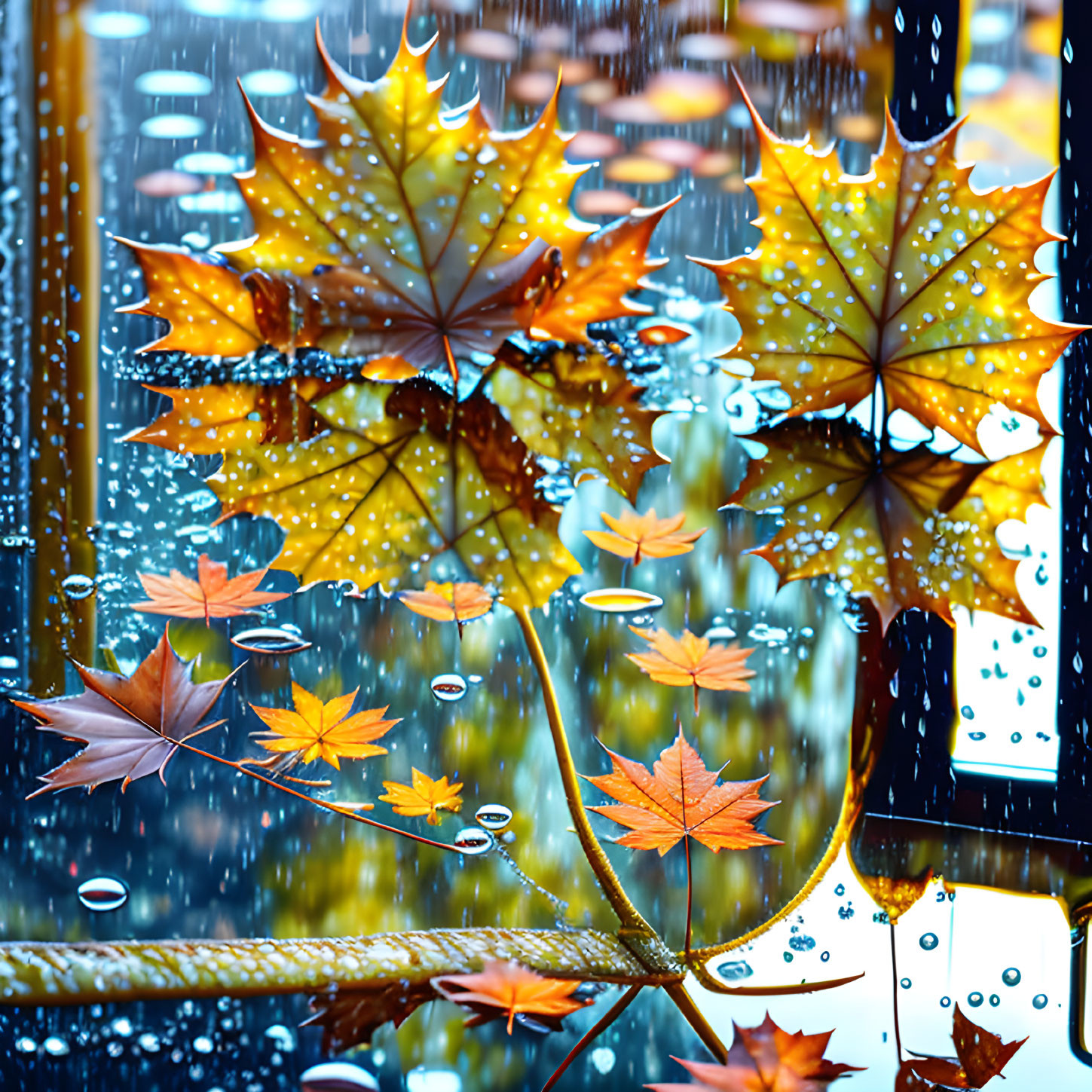 Rain-speckled window showcasing autumn leaves and blurred lights