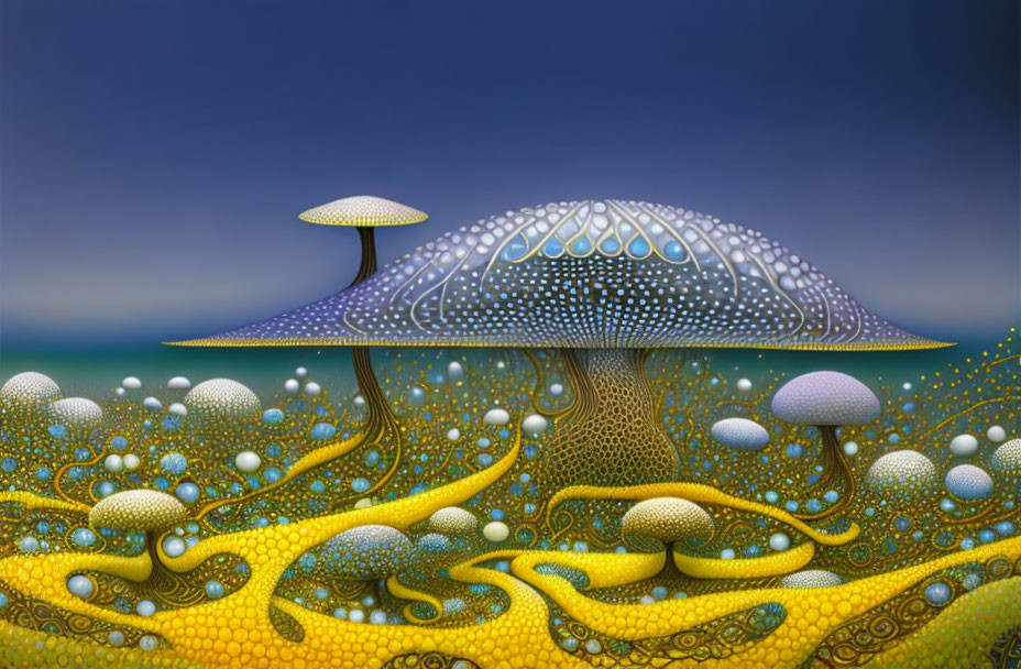 Surreal landscape with vibrant mushrooms and undulating hills