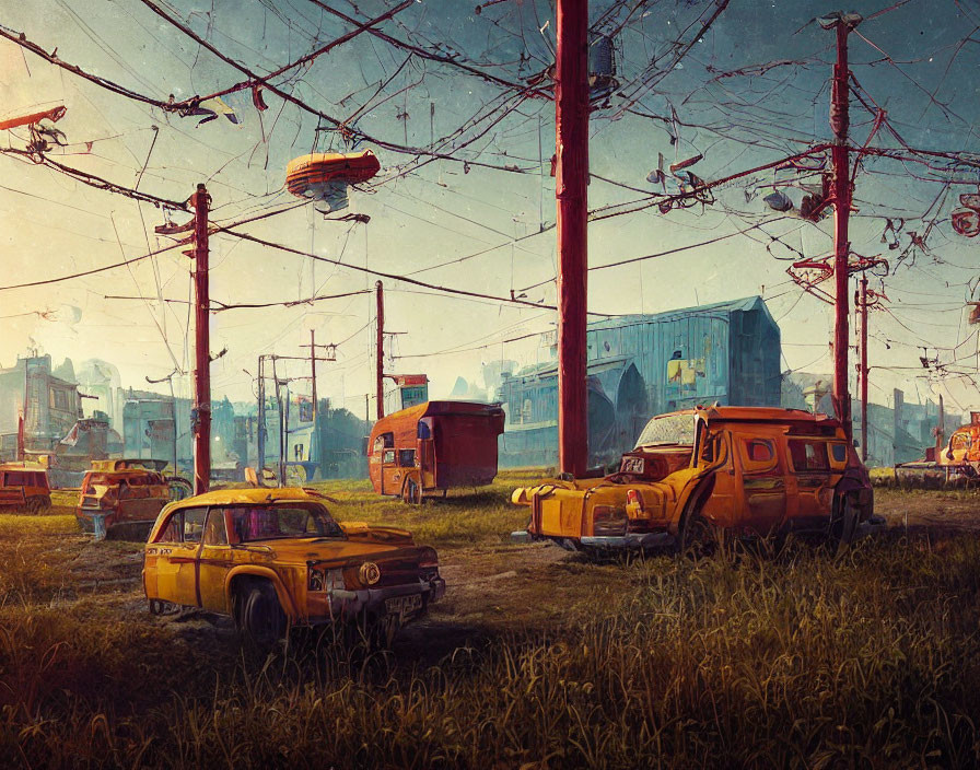 Dystopian landscape with abandoned vehicles, overgrown grass, dilapidated structures, and airships