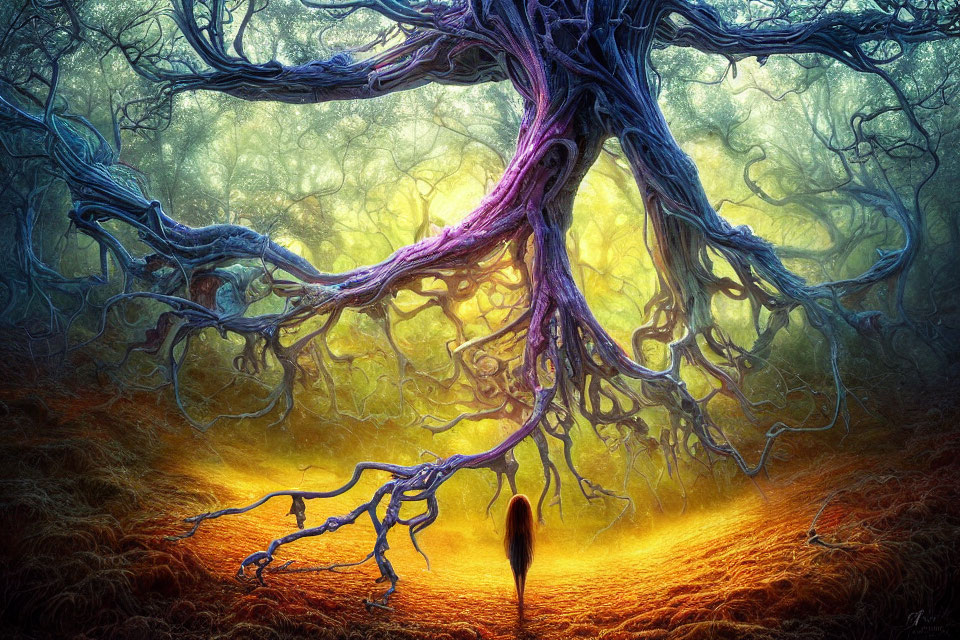 Vibrant, twisted tree in mystical forest with lone figure beneath