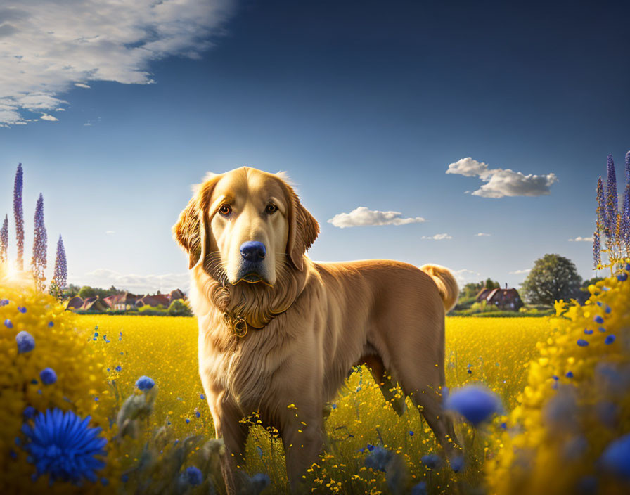 Golden Retriever in Colorful Flower Field Under Blue Sky