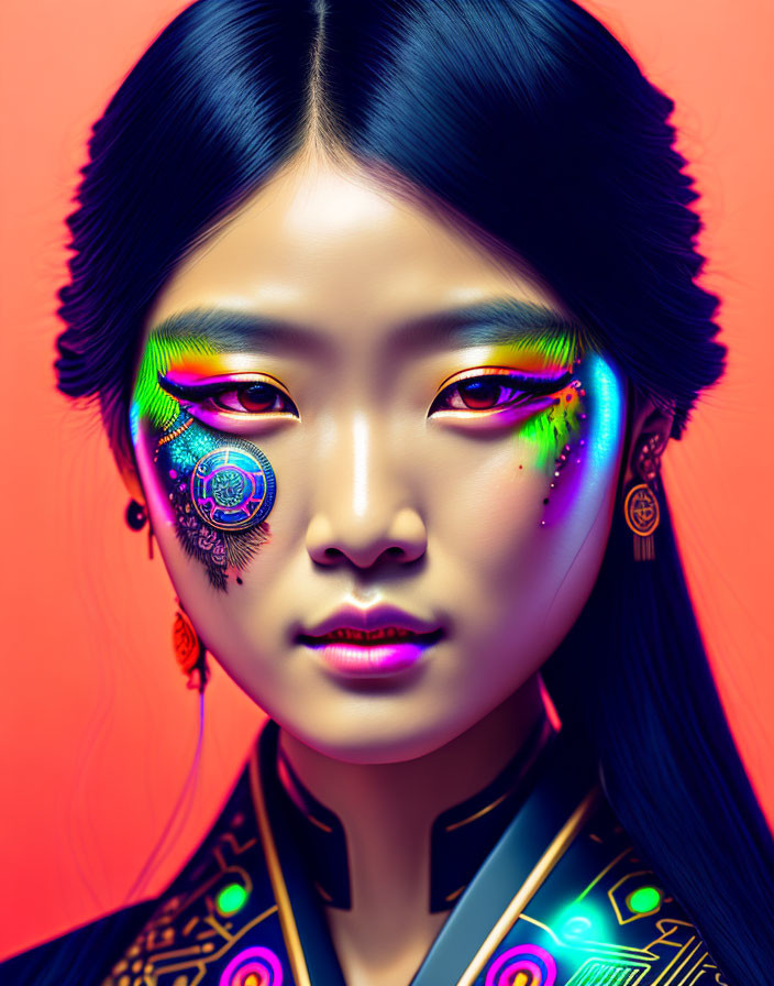 Vibrant neon makeup on woman in traditional attire against coral background