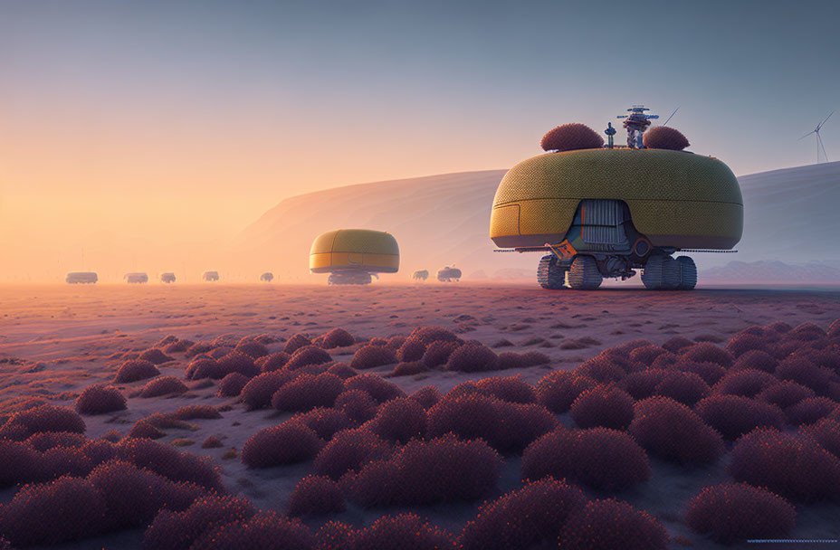 Futuristic desert landscape with mobile habitats at dusk.