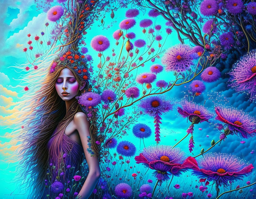 Surreal illustration of woman with purple skin and red hair among vibrant flora