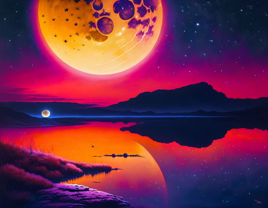 Surreal landscape with large red moon, mountain range, lake, starry sky, planets