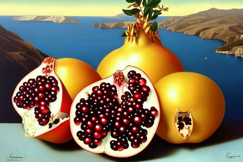 Surrealistic painting of three pomegranates by blue sea