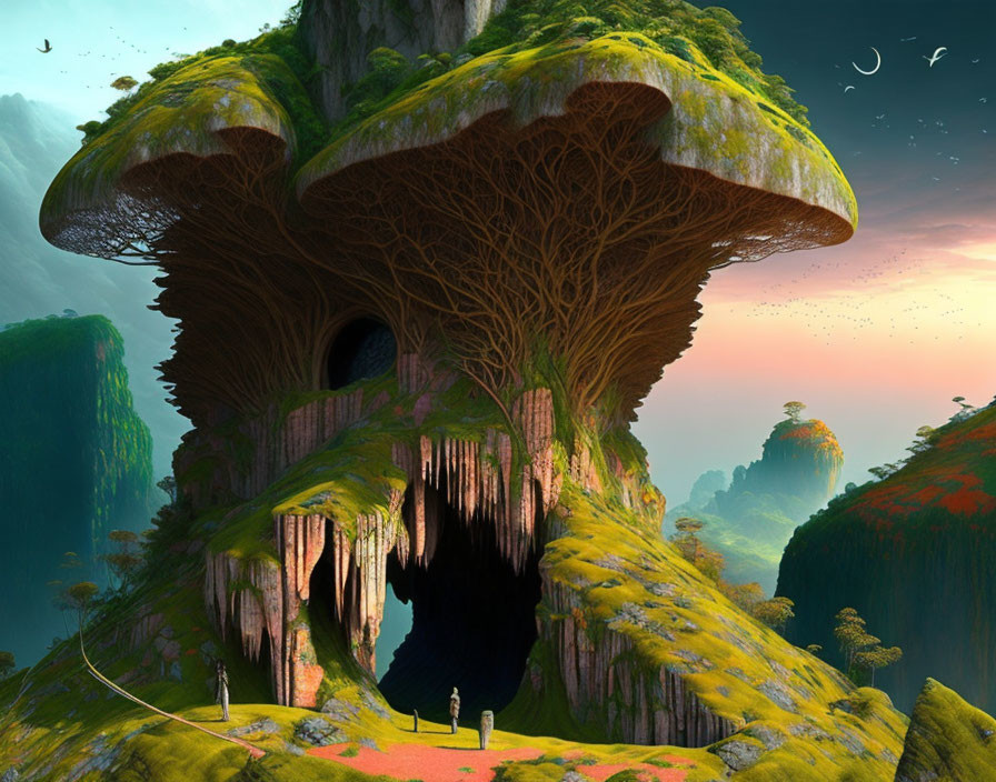 Fantasy landscape with giant mushroom structure in twilight sky