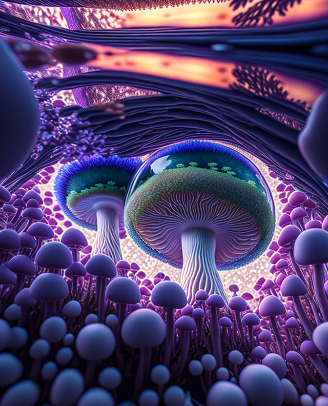 Colorful digital art: Fantastical mushroom forest with alien atmosphere