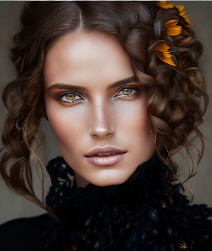 Woman with Intense Hazel Eyes and Curly Hair Adorned with Yellow Flowers