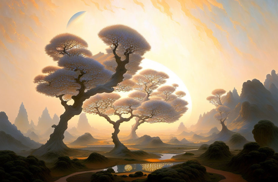 Majestic trees in serene landscape under orange sky