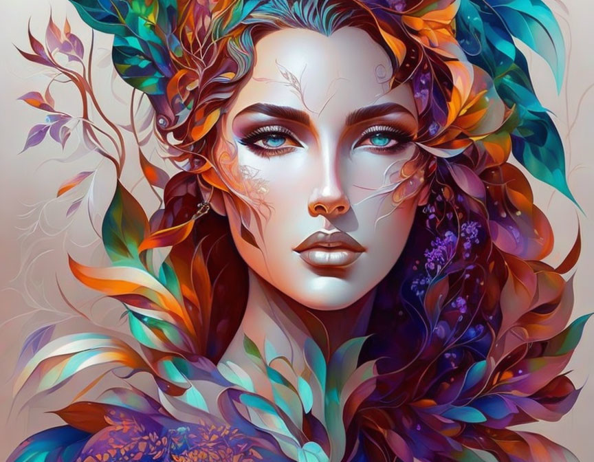 Colorful portrait of woman with flowing hair and feathers