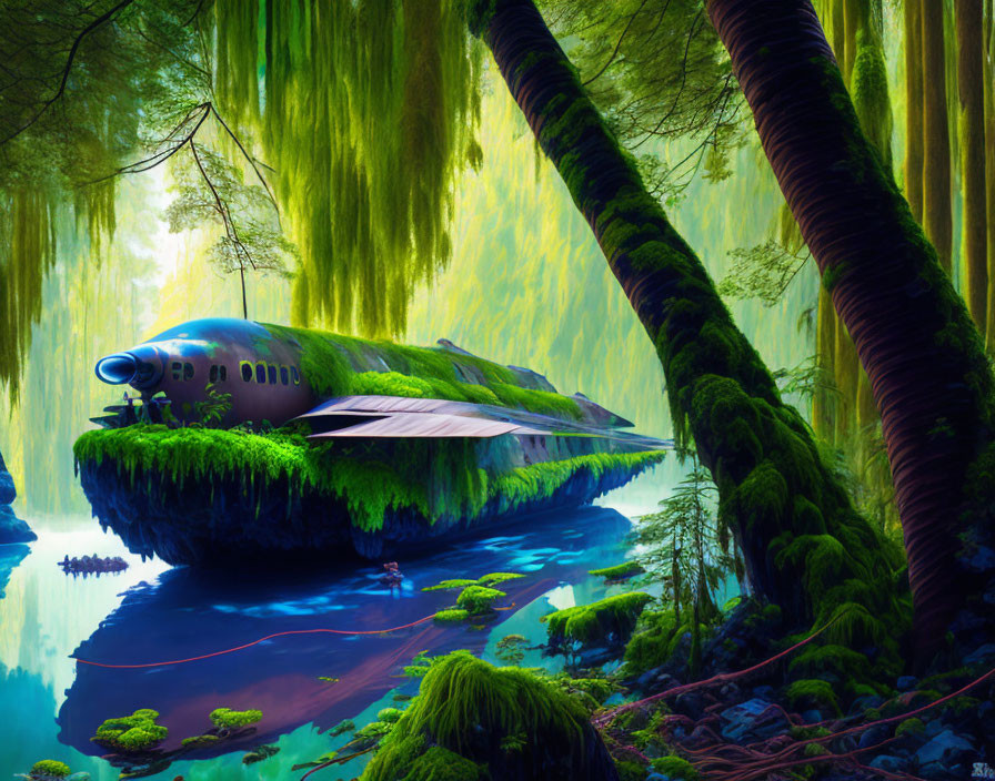 Futuristic aircraft in moss-covered forest with river and boat