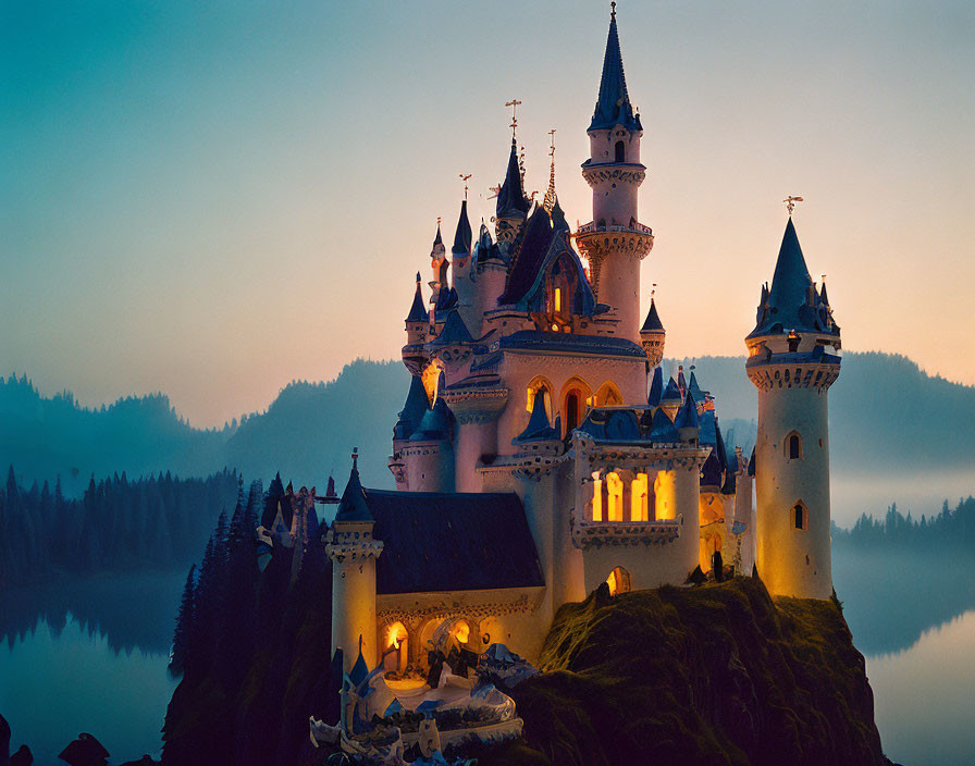 Enchanting castle with illuminated towers on forested hill by misty lake