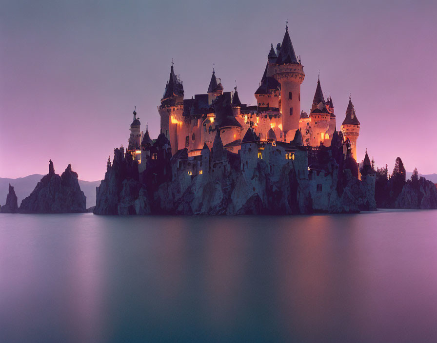 Majestic castle with illuminated spires on rugged promontory at twilight