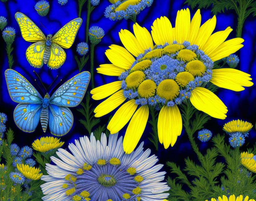 Colorful digital artwork: yellow and blue flowers with butterflies on dark blue.