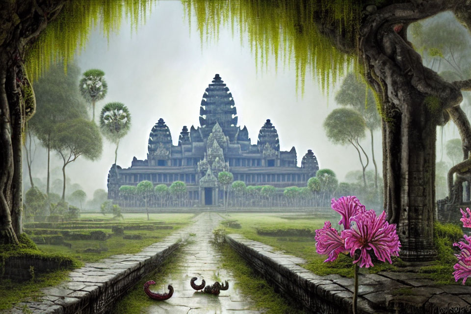 Ancient Temple Complex in Mystical Landscape with Willow Branches and Pink Flowers