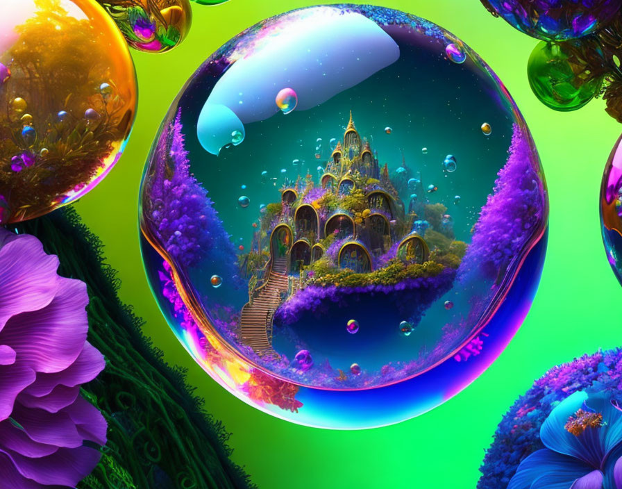 Fantastical crystal bubble with golden palace in vibrant digital artwork