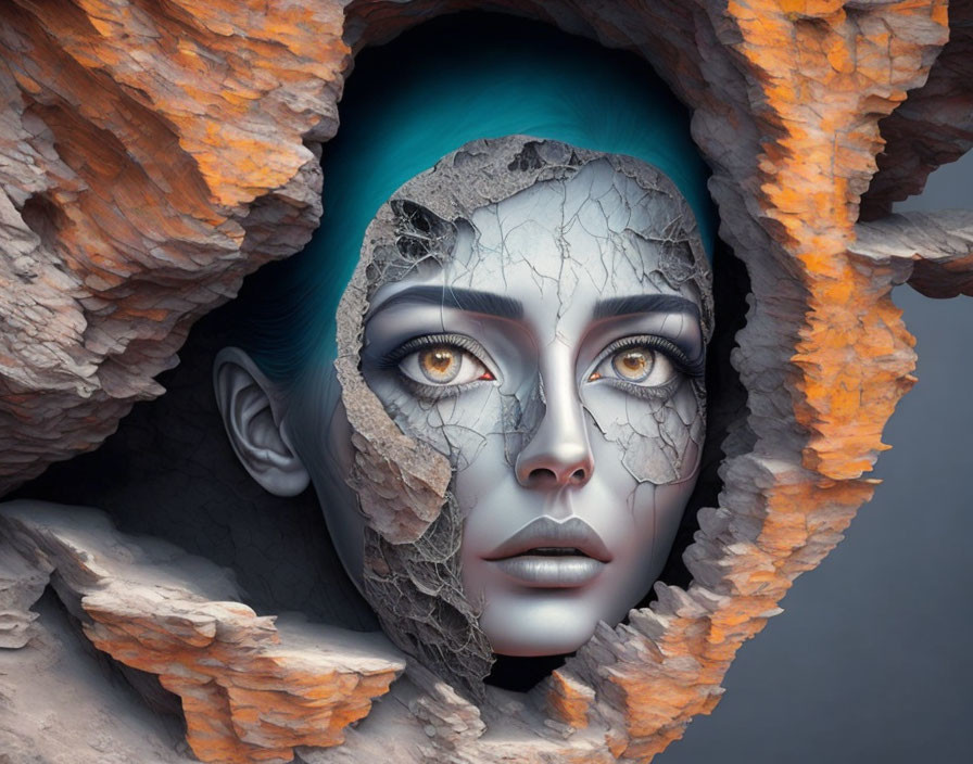 Surreal female face portrait with cracked stone textures and vibrant blue amidst earthy rocks