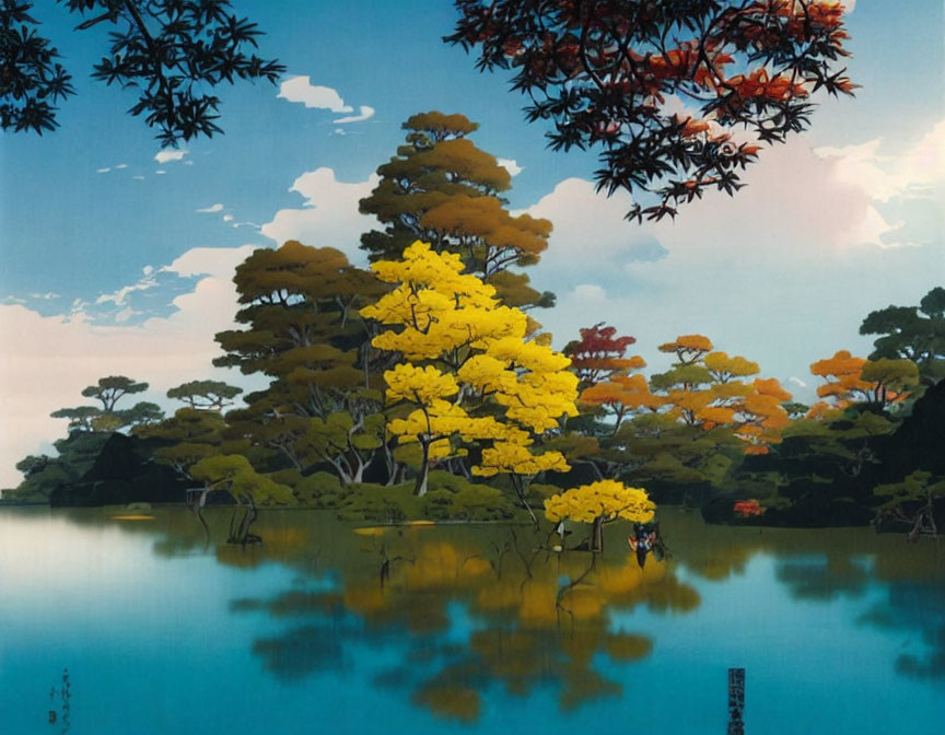 Tranquil lake with vibrant yellow tree and clear blue sky