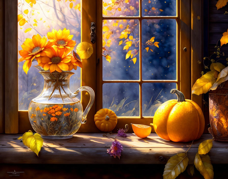 Glass vase, orange flowers, pumpkin, and autumn leaves in still life scene with twilight sky view.