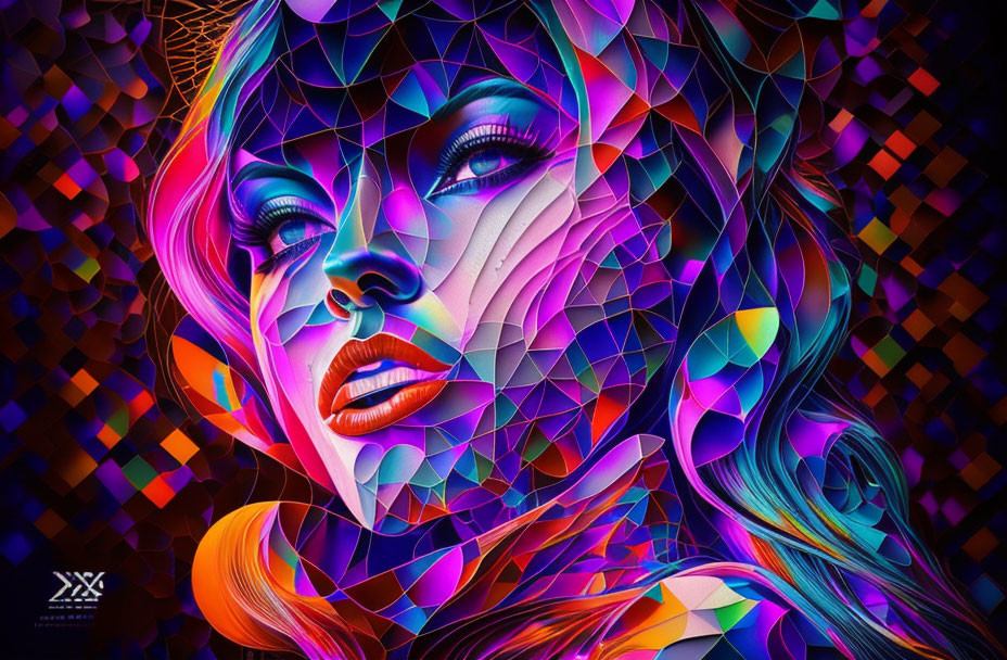 Vibrant geometric patterns on a woman's face in digital art