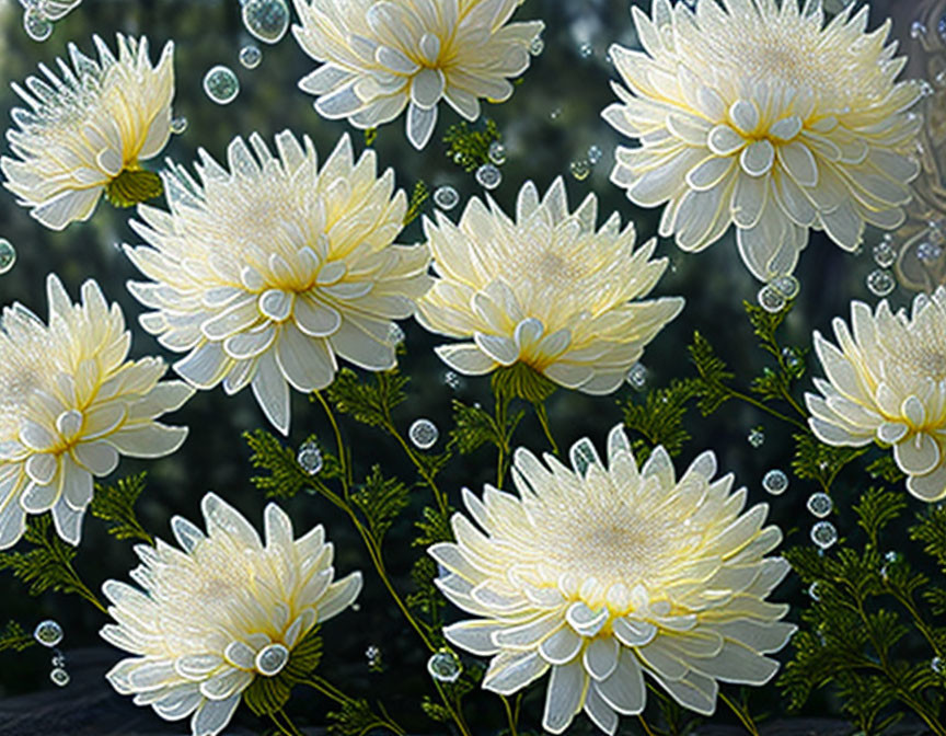 White Chrysanthemum Flowers with Dewdrops on Green Background