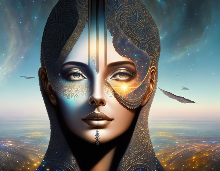 Symmetrical digital artwork of woman's face with cosmic elements