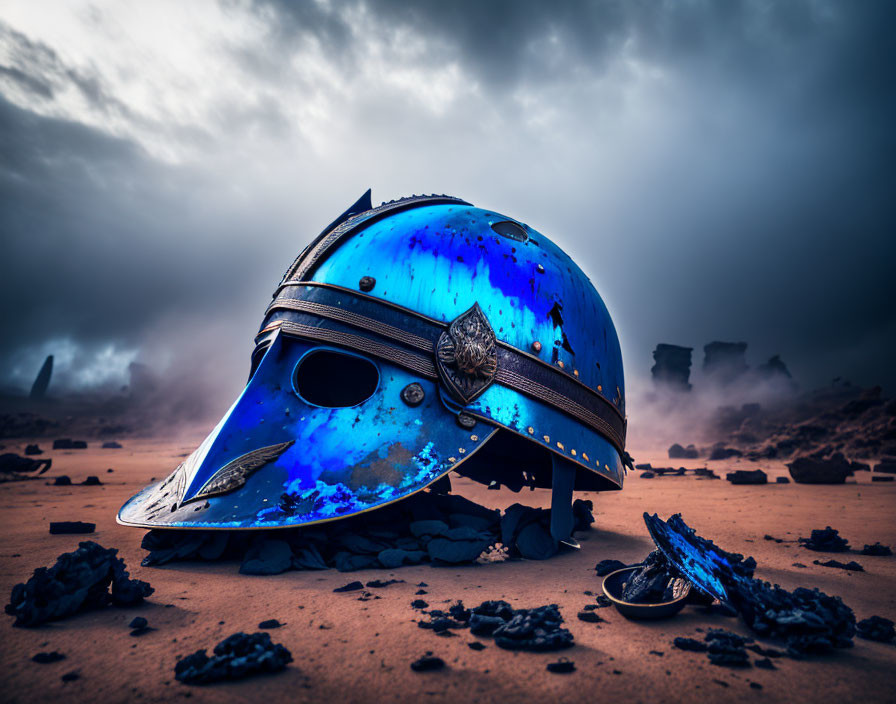 Weathered Blue Roman Helmet in Desolate Rocky Desert Landscape