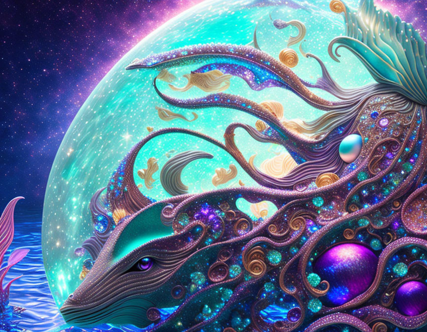 Colorful cosmic fish illustration with intricate fins and swirl patterns on starry space background.