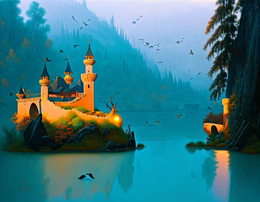 Enchanted castle at twilight with illuminated towers in serene forest