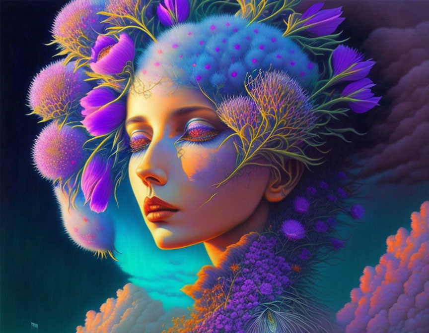 Vibrant purple and pink flora in surreal woman portrait