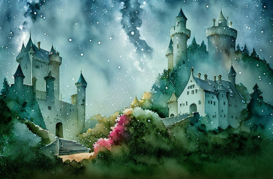 Fantasy castle illustration under starry sky with nebula and bridge