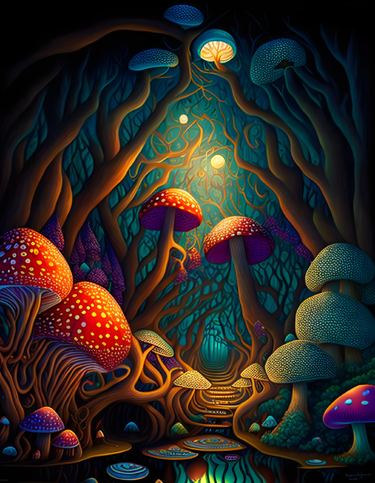 Enchanting forest with oversized glowing mushrooms and illuminated pathways