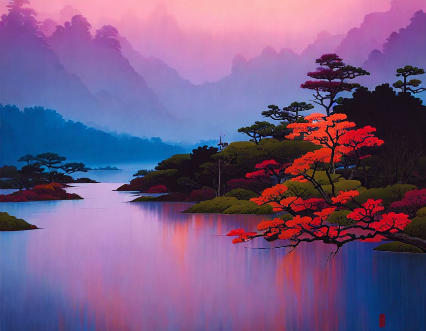 Tranquil landscape with red tree foliage, blue waters, and purple mountains