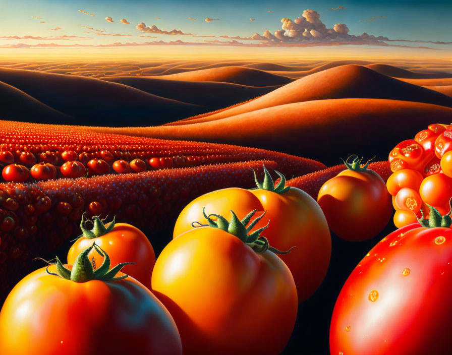 Surreal landscape with ripe tomatoes, orange dunes, and golden sky