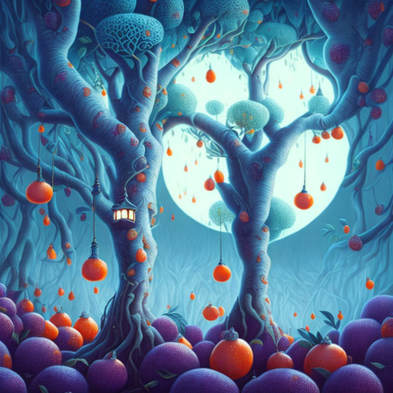 Blue Trees and Orange Lantern Fruits in Moonlit Forest