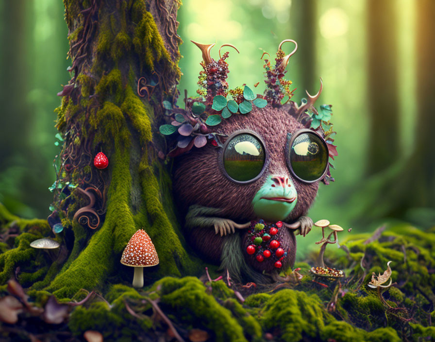 Enchanting forest creature with plant-like features in nature scene