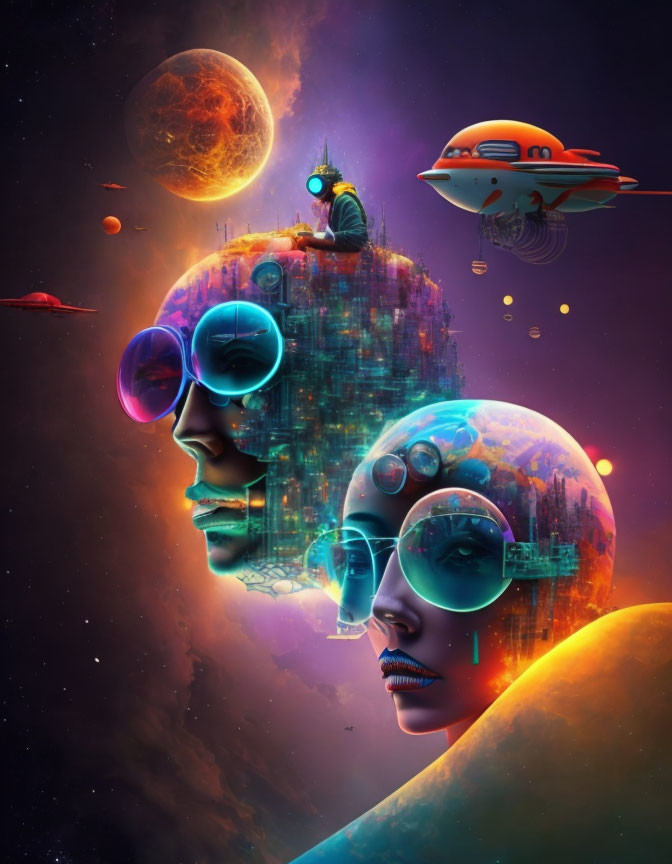 Vibrant cosmic artwork: surreal cityscape forms giant heads, person, spaceship, and celestial bodies