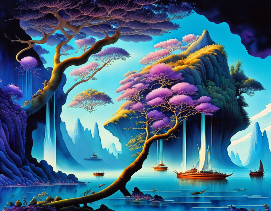 Fantastical landscape with purple foliage, sailboats, and rock formations