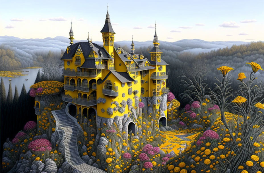 Yellow fantasy castle in lush garden with oversized flowers & misty forest backdrop