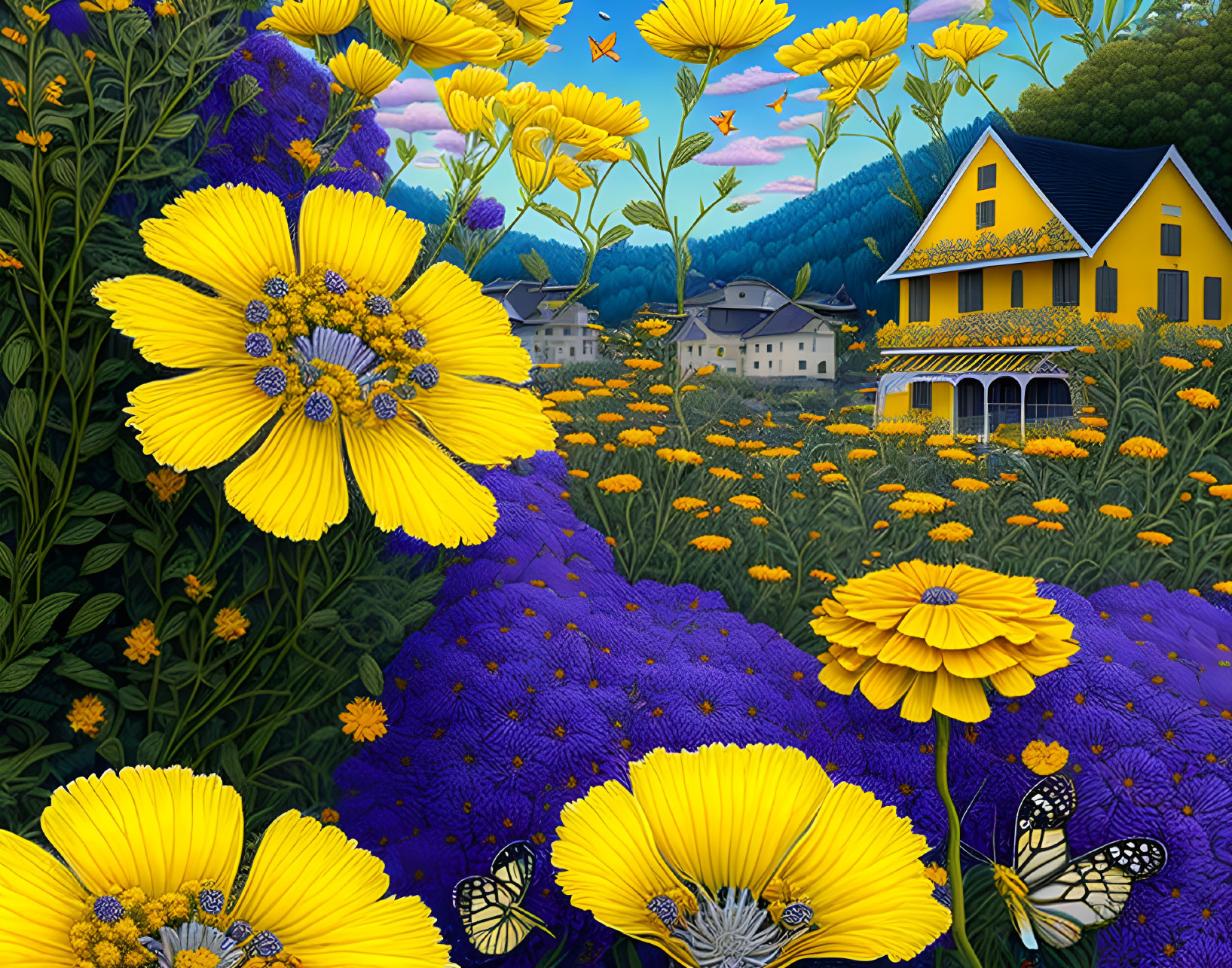 Colorful Floral Scene with Butterflies, Birds, and Yellow House